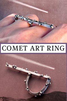 Introducing The Comet Ring from ZoeZoe Jewelry - a stunning abstract art ring that is handmade in sterling silver and soars over its neighboring finger like a comet. This ring is the perfect statement piece for dreamers and lovers of the night sky. It's bold and abstract design is sure to turn heads, while its high-quality sterling silver construction ensures that it will stand the test of time. This is a one of a kind ring so head over to my shop and snag it while it is still available! #ring Dreamers And Lovers, Wearable Sculpture, Space Rings, The Comet, Alt Style, Night Sky, Abstract Design