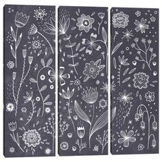 three panels with flowers and plants painted on them