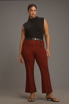 Meet Margot, a so-sleek high-rise pair boasting a kicky flare, flattering high-rise, and star-studded reviews. | The Margot Kick-Flare Cropped Pants by Maeve in Red, Women's, Size: L P, Nylon/Viscose/Elastane at Anthropologie Trendy High-waist Flares For Night Out, Trendy High Waist Flares For Night Out, Retro Fitted Bottoms With Flared Hem, 70s Inspired Stretch Pants For Fall, Stretch 70s Inspired Fall Pants, Trendy Wide Leg Flares For Night Out, Stretch Pants For Fall In 70s Style, Trendy Flares For Workwear In Fall, Trendy Workwear Flares For Fall