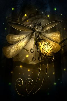 a dragon with glowing wings sitting on top of a piece of metal and surrounded by fireflies