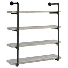 three tiered shelving unit with black pipe and wood shelves, on white background