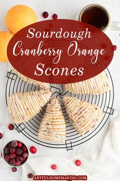 overhead view of sourdough cranberry orange scones on a wire cooling rack