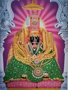 an image of the hindu god sitting in front of a purple and pink background with ornate designs