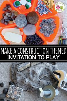 an orange tray filled with rocks and other items