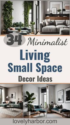 living room with couches, chairs and plants in the center text reads 34 minimalist living small space decor ideas