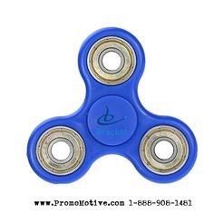 a blue fidgetr with two metal balls on the bottom and one gold bearing