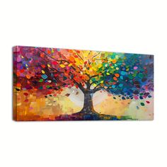 an abstract painting of a tree with colorful leaves