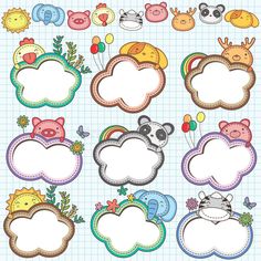 cute animals and clouds with blank frames for text or pictures on checkered paper background