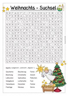 a christmas word search is shown with the words in german, and an image of a tree