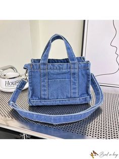 Bird in Bag - Small Denim Shoulder Bag with Square Storage and Casual Sling Trendy Denim Satchel Bag, Trendy Denim Shoulder Satchel, Trendy Everyday Denim Satchel, Trendy Denim Satchel For Everyday, Trendy Denim Blue Canvas Bag, Casual Denim Rectangular Satchel, Trendy Denim Shoulder Bag With Double Handle, Daily Use Rectangular Denim Satchel, Rectangular Denim Satchel For Daily Use