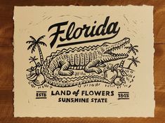 a piece of paper with the words florida on it and an image of a crocodile