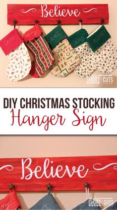 christmas stockings hanging on a wall with the words diy christmas stocking hanger sign below