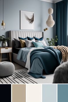 a bedroom with blue and beige colors in the walls, bedding and rugs