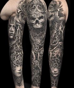 a full sleeve tattoo with skulls and flowers on the legs, in black and white