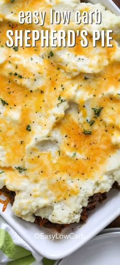 an easy low carb shepherd's pie on a white plate with the title above it