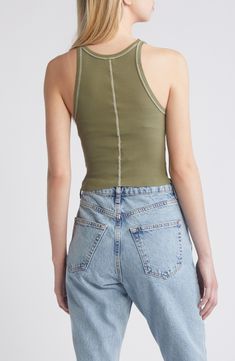 Contrasting stitching outlines this scoop-neck tank top cut in a cropped silhouette for everyday charm. 19" length (size medium) Scoop neck Sleeveless 100% cotton Machine wash, tumble dry Made in the USA Casual Tank Strap Crop Top For Everyday, Casual Tank Straps Crop Top For Everyday, Casual Everyday Crop Top With Tank Straps, Casual Cropped Tank Top For Everyday, Spring Casual Racerback Crop Top, Casual Racerback Crop Top For Spring, Trendy Cropped Fitted Tank Top, Trendy Cropped Tank Top, Everyday Summer Racerback Crop Top