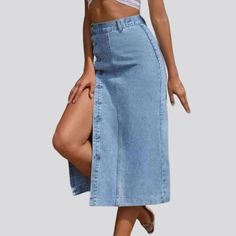 Transform your wardrobe with our light-wash vintage jean skirt from the 2024 Summer Collection, a must-have for all 90s fashion lovers. This long skirt features a high-waist and buttoned closure, adding a touch of vintage charm to your look.Distinctive Features: 90s Nostalgia: Immerse yourself in the iconic vogue of the Nineties with this skirt, a symbol of youthful exuberance and chic sophistication. Long and Lovely: Its lengthy length guarantees a flattering silhouette, perfect for any occasion. Light-Wash Perfection: The light-wash finish gives it a vintage vibe, adding a touch of character to your wardrobe. Vintage Charm: With its high-waist and buttoned closure, this skirt exudes vintage charm, perfect for adding a unique touch to your outfit. Effortless EleganceDesigned with the mode High Waist Denim Skirt For Spring, Non-stretch Denim Skirt With Button Closure For Spring, Non-stretch High Waist Denim Skirt With Button Closure, Non-stretch Denim Skirt With Button Closure, Summer Straight Leg Skirt With Button Closure, Summer Light Wash Non-stretch Denim Skirt, Non-stretch Light Wash Denim Skirt For Summer, Summer Non-stretch Light Wash Denim Skirt, Non-stretch High Waist Denim Skirt