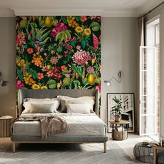 a bedroom with a floral wallpaper and bed in front of a large painting on the wall