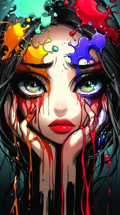 a woman's face with colorful paint splattered all over her head and eyes