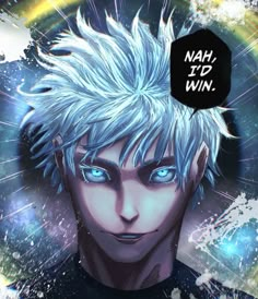 an anime character with white hair and blue eyes is looking at the camera, while he has