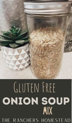 a mason jar filled with oatmeal sitting on top of a counter next to a potted plant