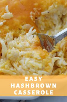 a casserole dish with hash browns in it and a fork digging into the casserole