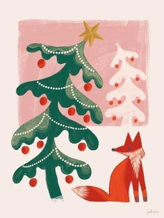 a red fox standing next to a christmas tree