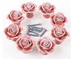 pink roses and screws arranged in a circle