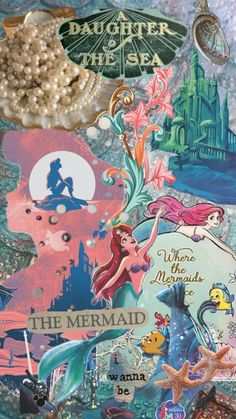 the little mermaid collage has been altered to look like it is floating