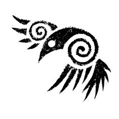 a black and white drawing of a bird with swirls on it's wings