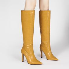 Shop Yellow Dance Boots Croc-Effect Stiletto Knee High Boots color Yellow for Dancing Club, Music Festival, Night Club, Work with worldwide Free shipping & Free return. Stiletto Knee High Boots, Blazers Shoes, Dance Boots, Knight Boots, Hip Clothes, High Heel Boots Knee, Ankle Bones, Suede Heels, Shoes Heels Boots