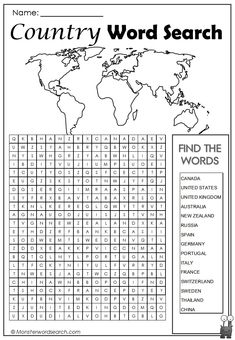 the world map with words and numbers to help kids learn how to use this word search