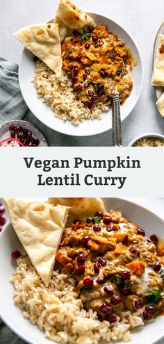 vegan pumpkin lentil curry with rice and pita chips on the side in white bowls