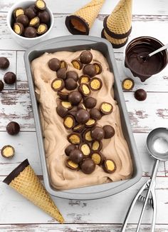 an ice cream sundae in a pan with chocolate candies