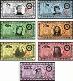 six different colored bills with portraits of women and men on them, all in different colors