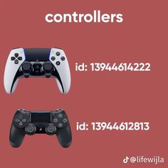 two video game controllers sitting next to each other on top of a red background with text