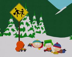 the family is waiting to cross the street in front of a sign that says it's winter