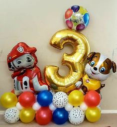 the number three is surrounded by balloons and animals