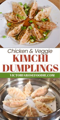 chicken and veggie kimchi dumplings in a pan with text overlay