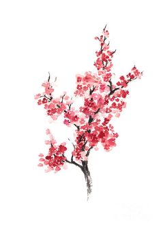 a painting of a tree with pink flowers on it