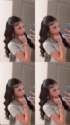 Latina Slick Back Hair, Passport Picture Hairstyle, Cute Half Up Half Down Hairstyles Curls, Sleek Look Hairstyles, Hairstyles For A Concert, Hairstyles For People With Glasses, Straight Curly Hairstyles, Half Up Half Down Slick Back, Hair Band Outfit