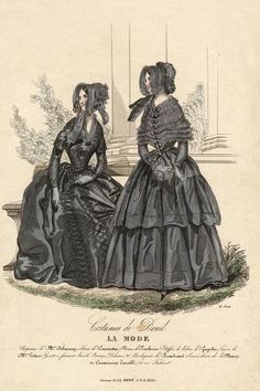 size: 18x12in Art Print: Death, Mourning, Dress : 1840s Dress, Two Ladies, Victorian Goth, 19th Century Fashion, Victorian Women, French Women, Lace Dress Black, Art Dress, Fashion Plates