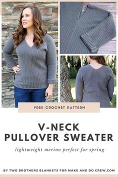 the v neck pullover sweater pattern is shown in three different colors