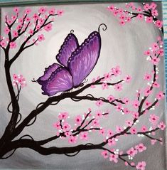 a painting of two purple butterflies sitting on a branch with pink flowers in the background