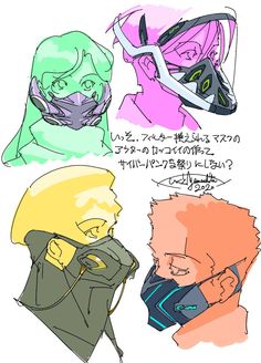 three different colored drawings of people wearing masks