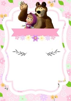 a pink and white frame with two cartoon bears on it's side, in front of flowers