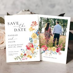 two wedding cards with flowers on them and the words save the date written in black