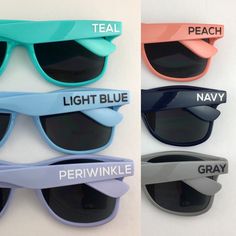 three different shades of sunglasses with the words light blue, periwinkle and peach