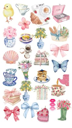 a bunch of different types of items on a white background with pink bows and flowers