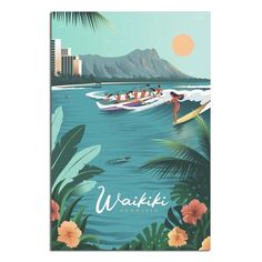 a poster with people on surfboards in the water and palm trees around it that says waiki